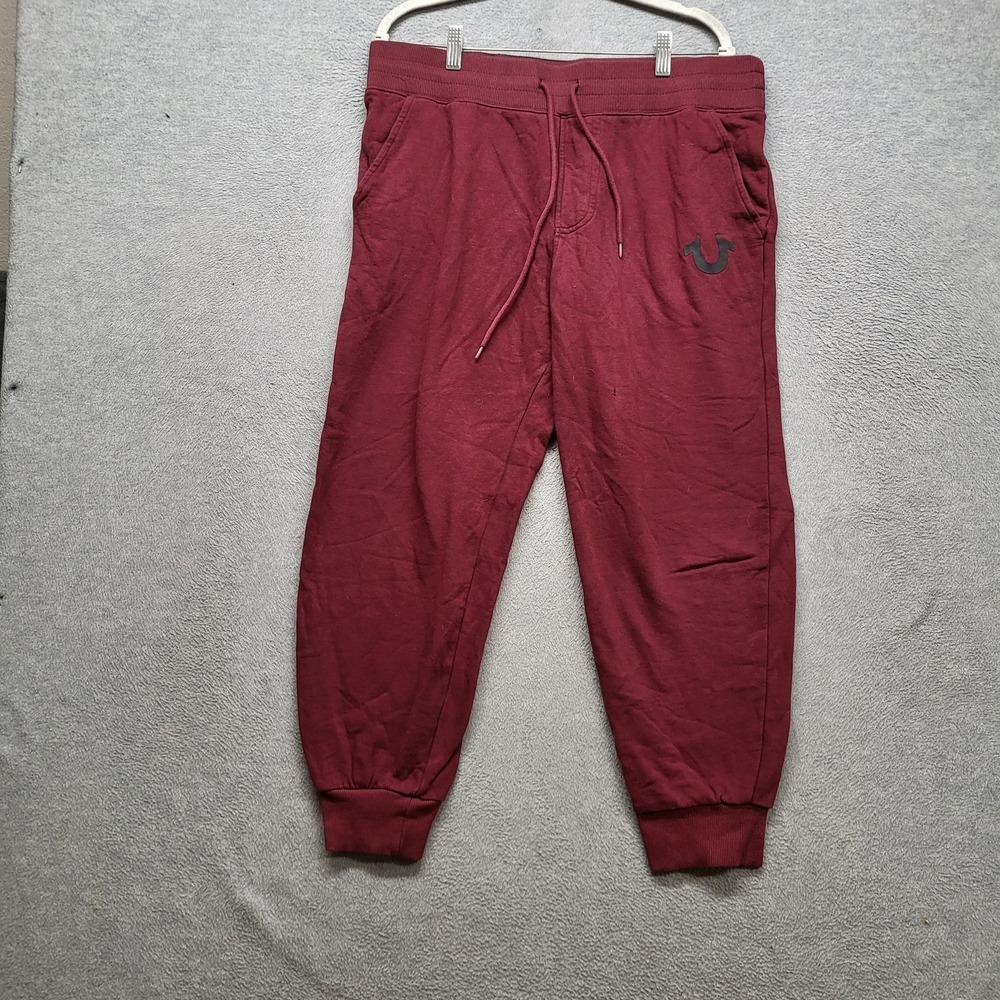 True Religion Men Activewear Pants L/G Burgundy Sweatpants Logo Joggers
